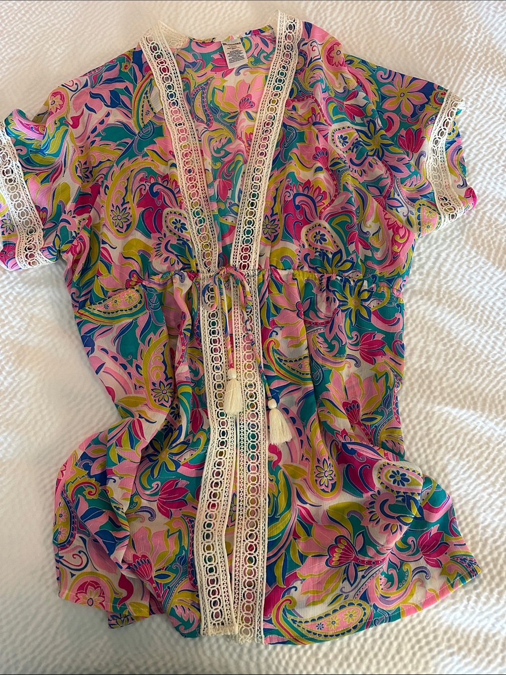 No Boundaries Pink Multi Floral Lace-Trim Drawstring Tunic